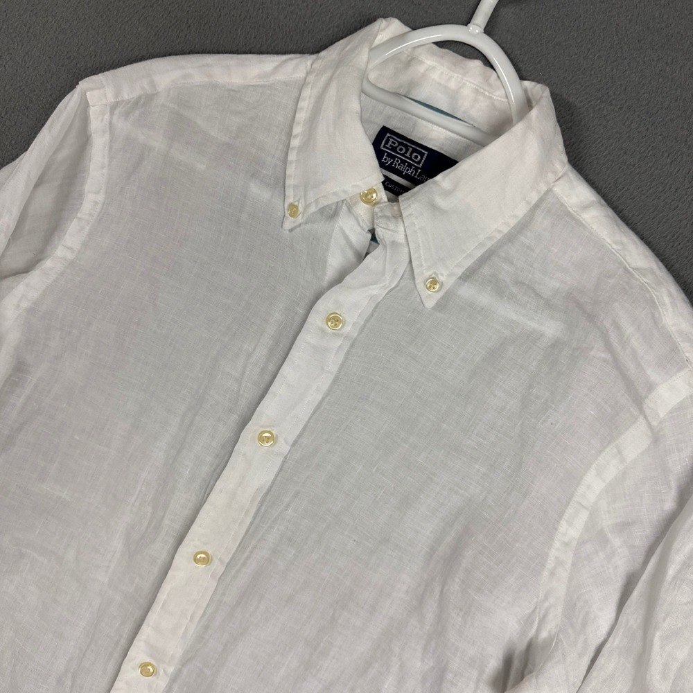 Polo Ralph Lauren Shirt Mens Medium White Linen Custom Fit Long Sleeve Pony